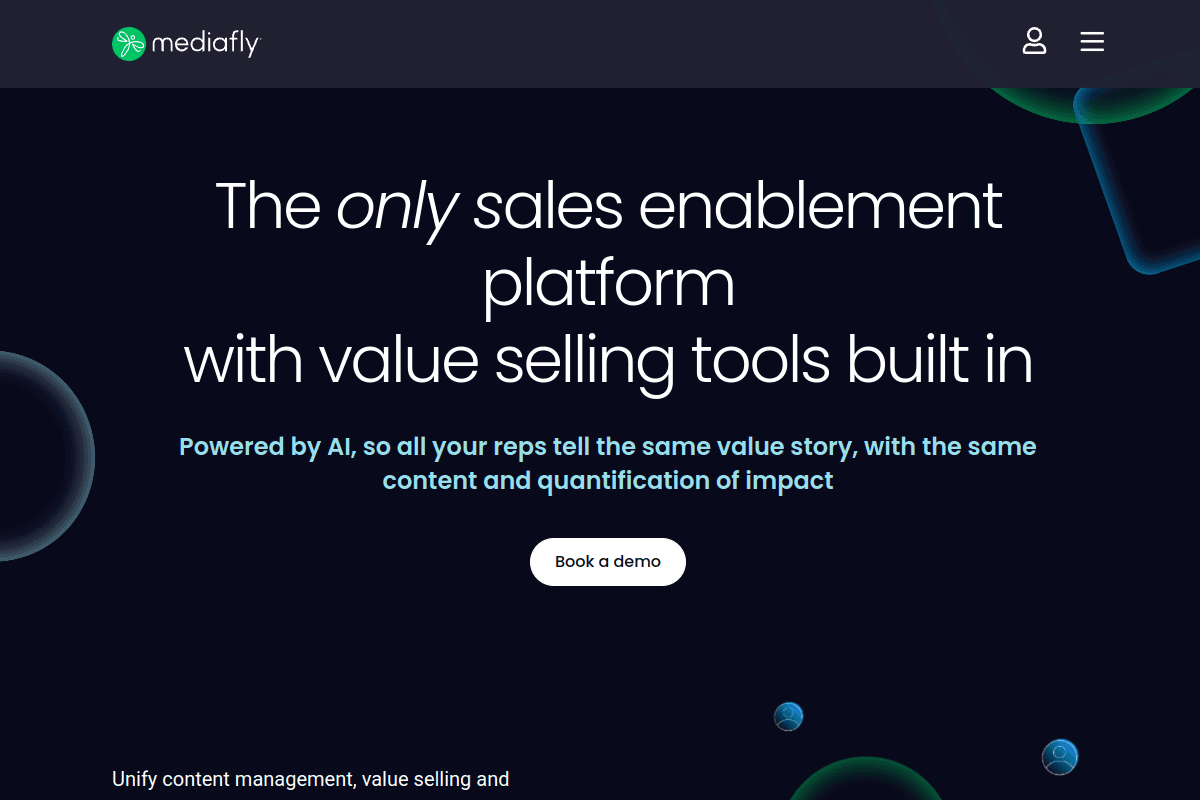 Mediafly homepage, revenue enablement platform with value selling tools
