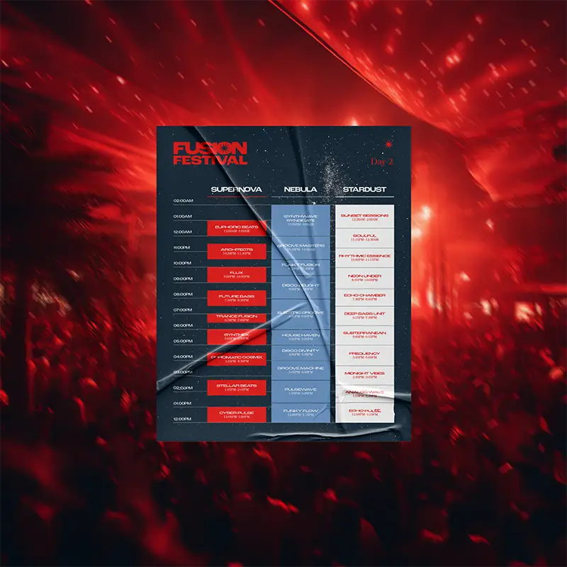 Fusion Festival timetable poster against a red-lit concert crowd