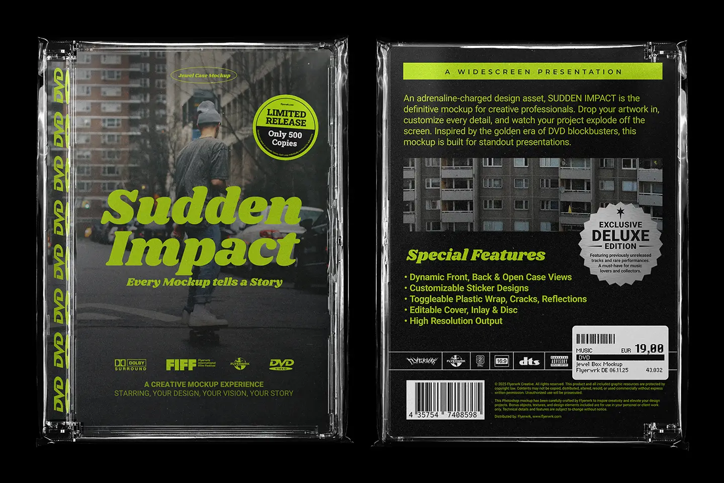 DVD jewel case mockup example artwork showing realistic front and back cover design