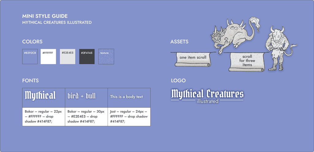 styleguide for mythical creatures depicting fonts, colors and illustrations