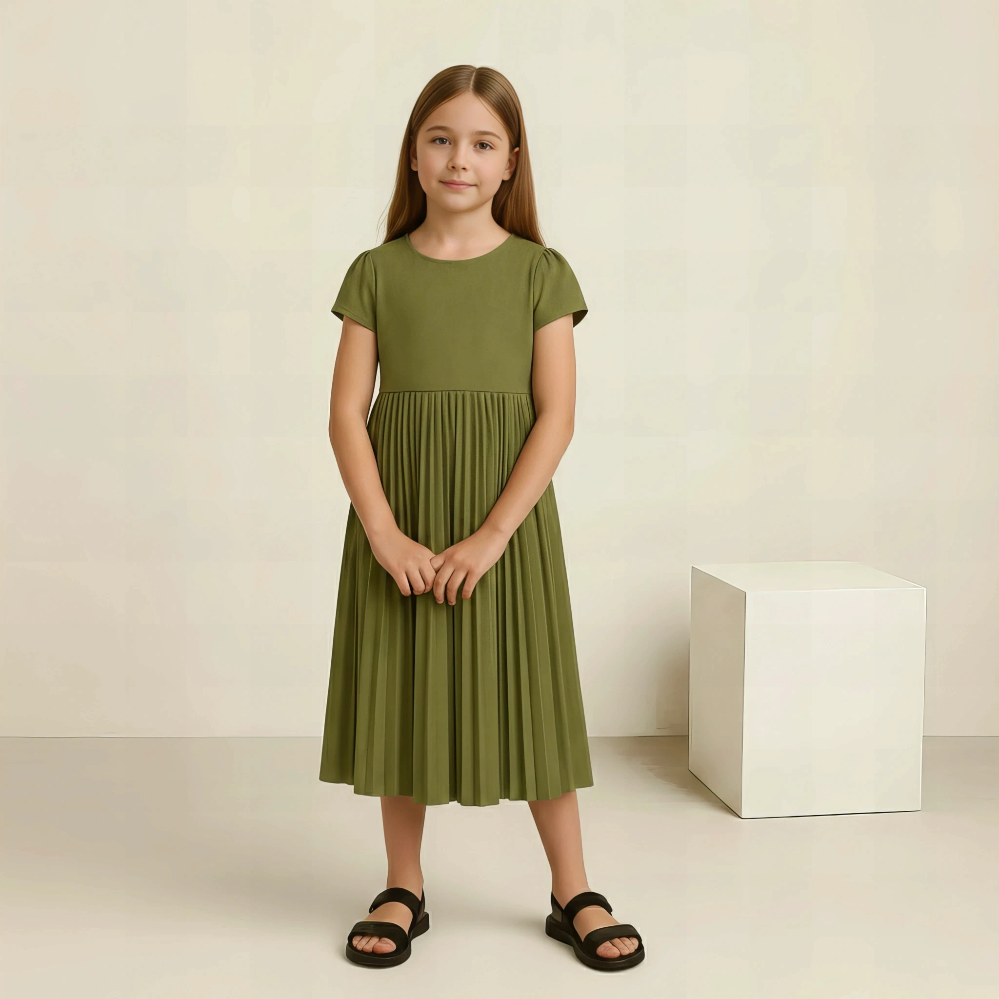 Pleated Midi Dress in Olive Fog