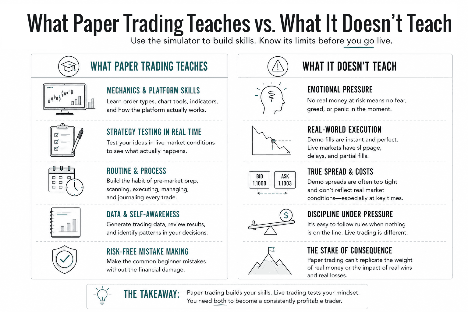 Two-column comparison infographic showing what paper trading teaches versus what it cannot simulate. The left column highlights platform skills, strategy testing, routine development, and decision-making practice, while the right column explains the limitations, including emotional pressure, real-world execution, slippage, spreads, and the psychological impact of risking real money.