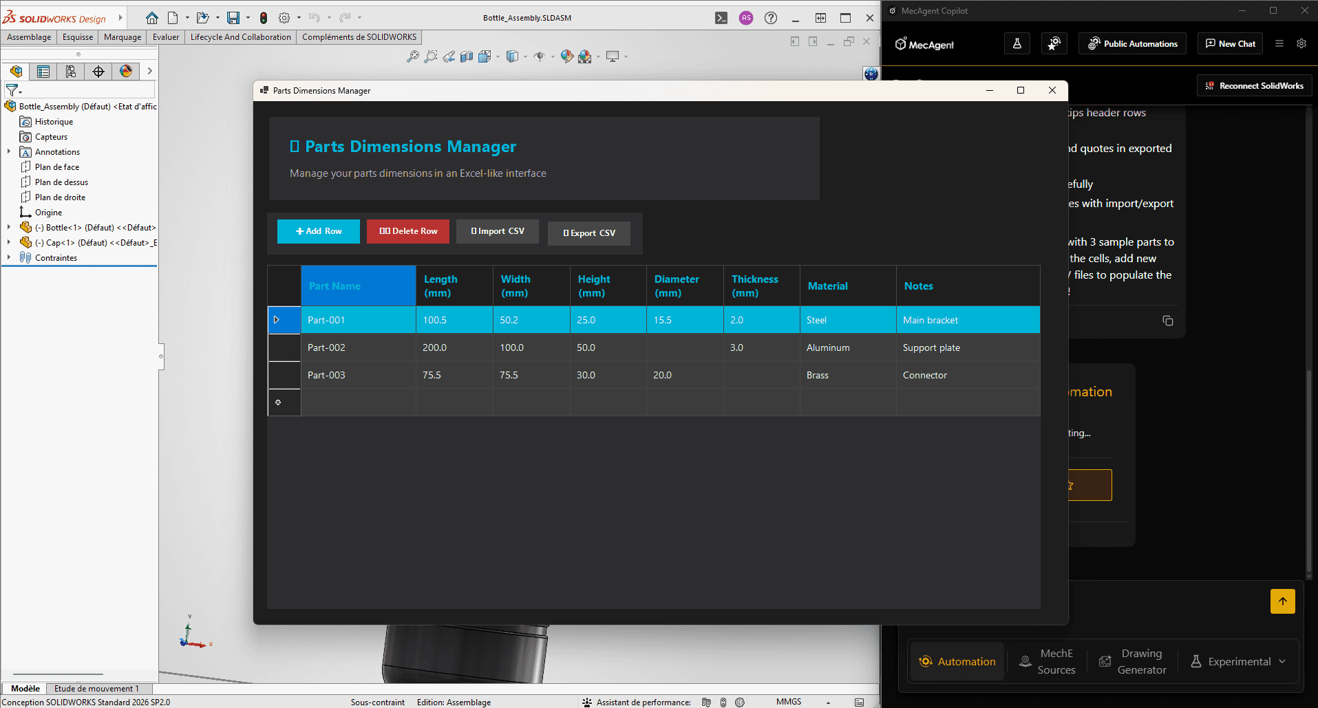 A screenshot of the SOLIDWORKS interface featuring a custom, dark-themed "Parts Dimensions Manager" window in the foreground. The window displays an Excel-like table managing dimensions, materials, and notes for mechanical parts, with the MecAgent Copilot sidebar visible in the background.