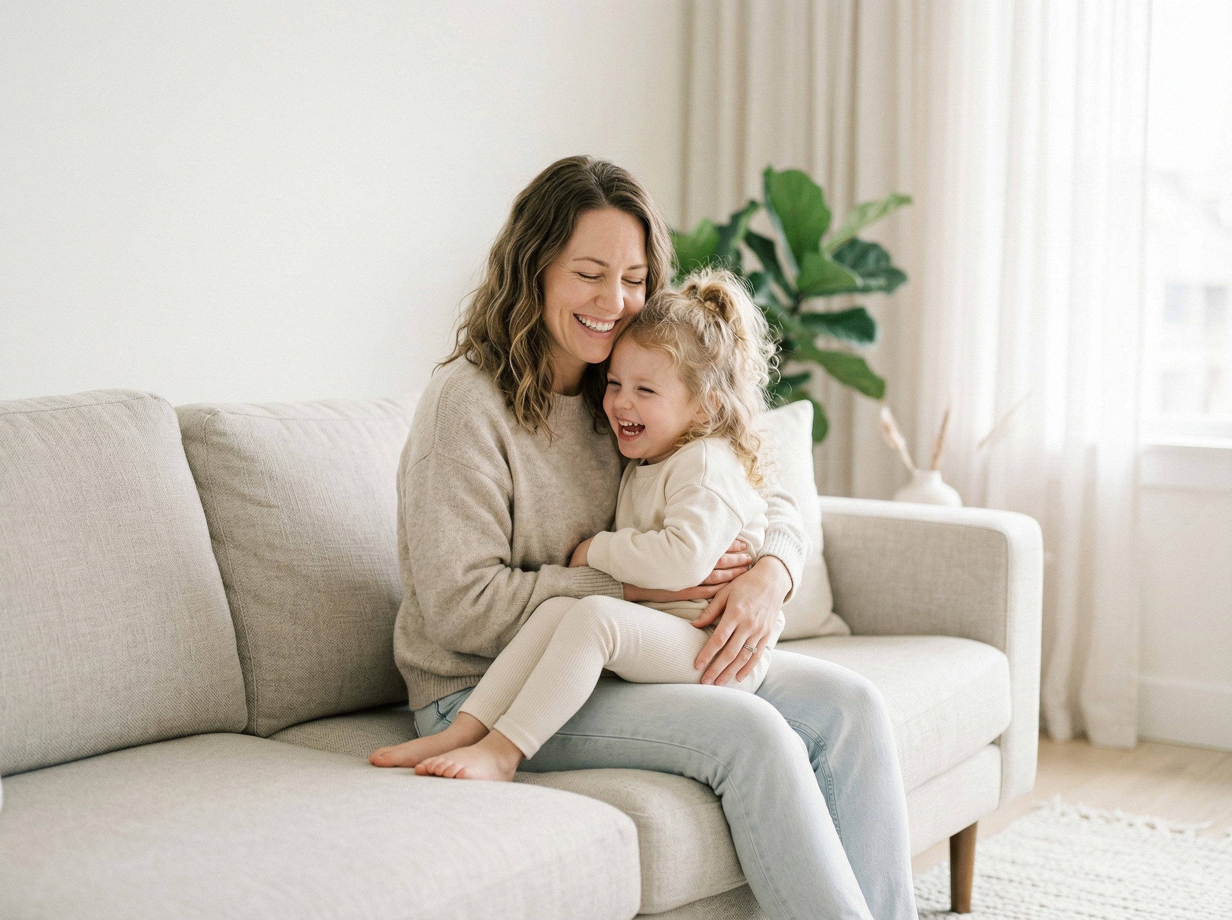 a woman sitting on the floor with a little girl