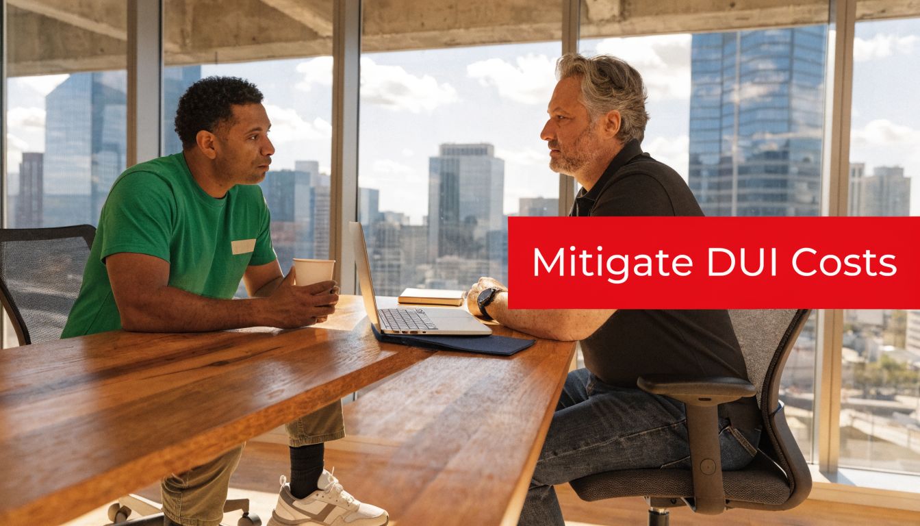 A professional consultation taking place in a modern office with a view of a city skyline.
