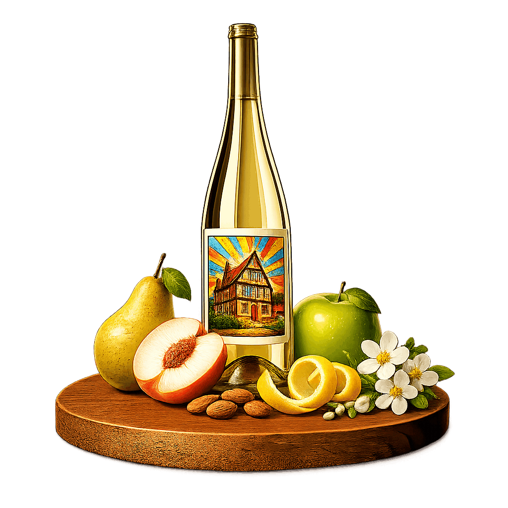 Artistic label and flavor profile for German Weissburgunder on a rustic wooden table.