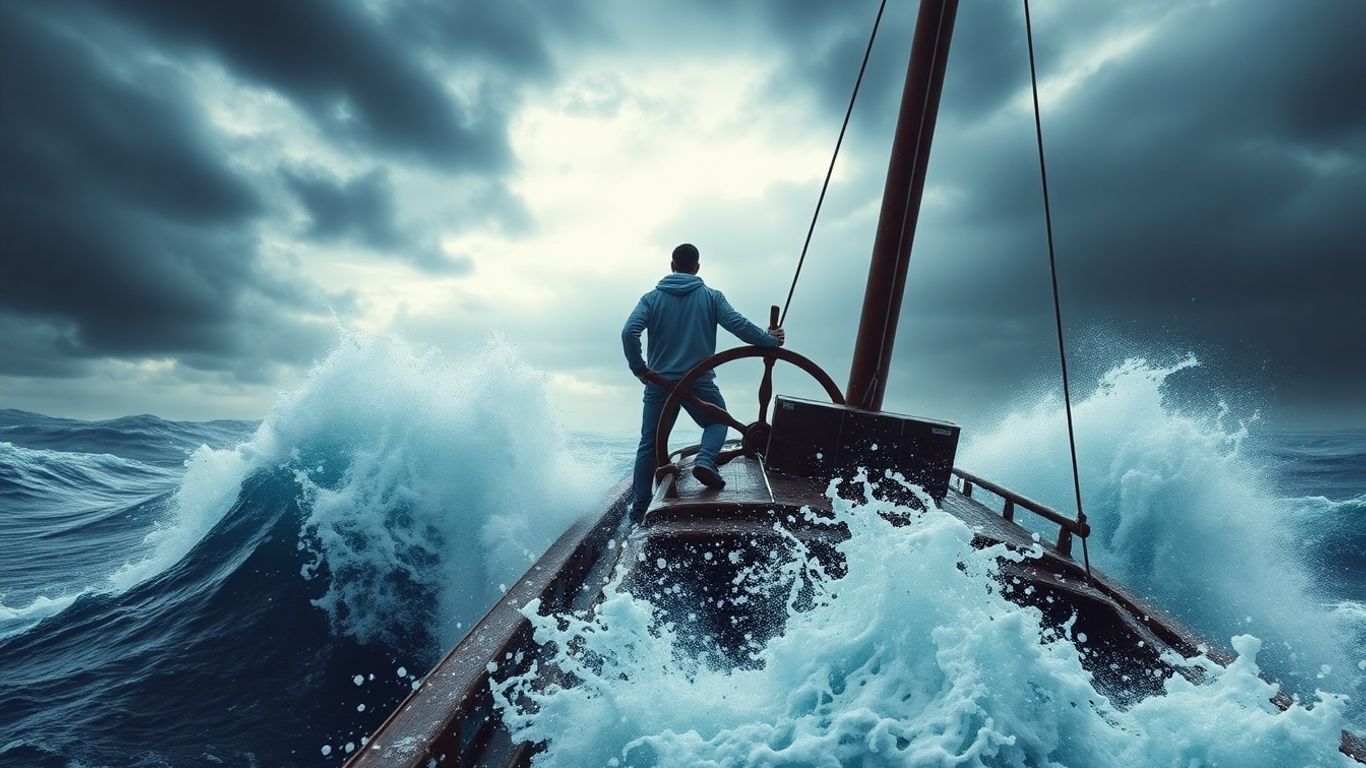 Leader navigating a stormy sea on a ship.