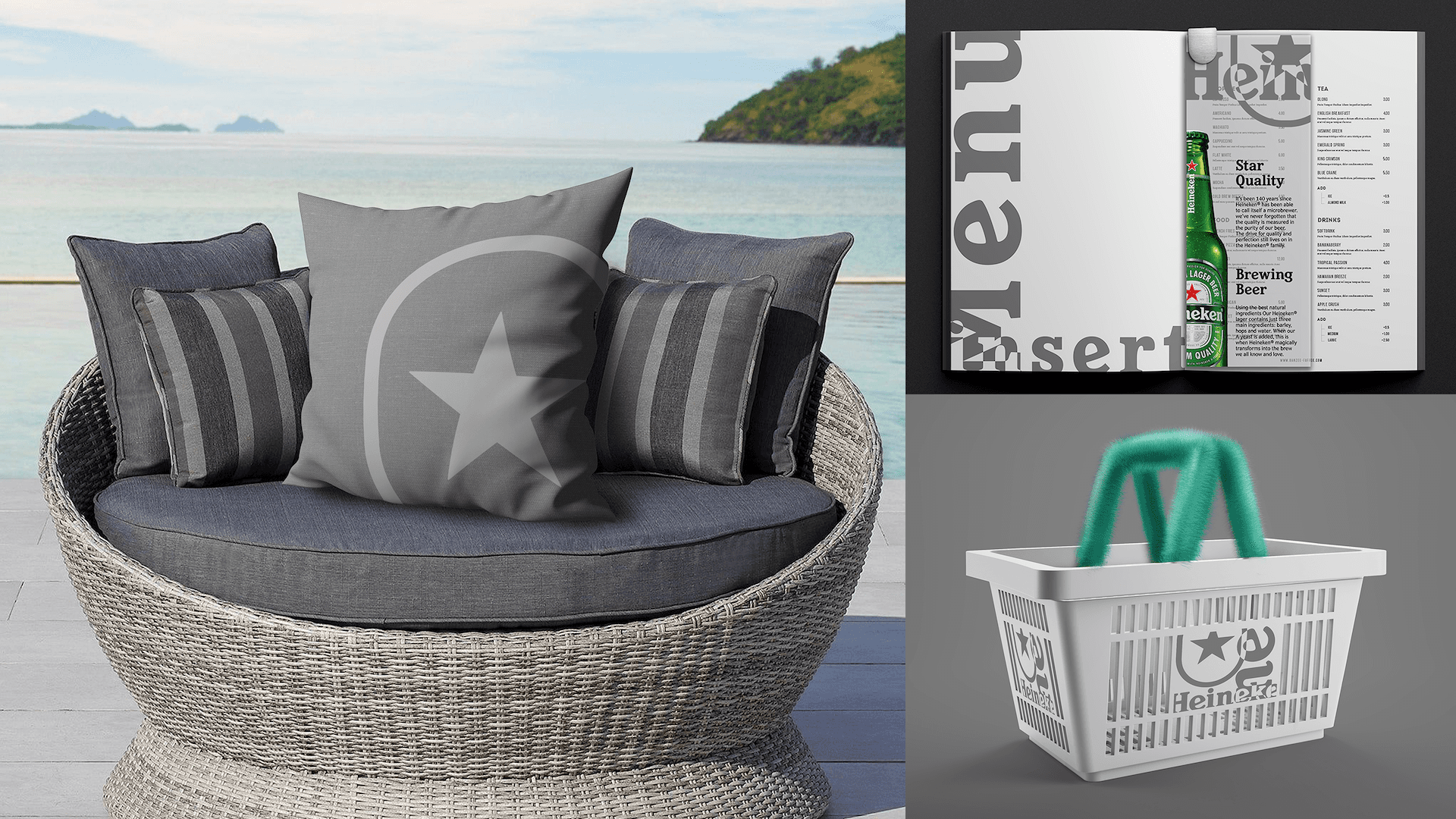 Heineken Silver beach zone branding examples: pillows, bar menu, and product basket — designed by our team