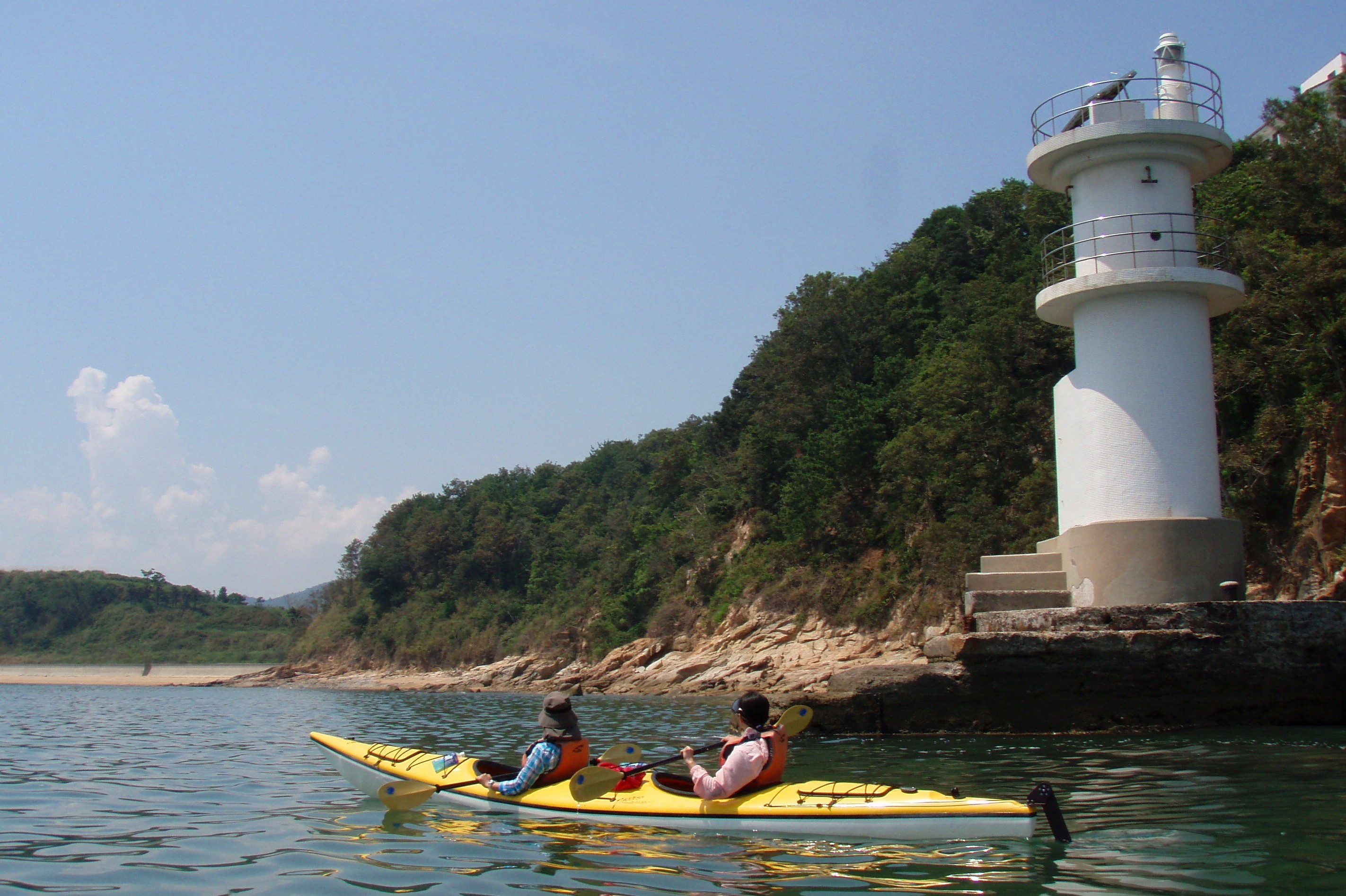 Two people paddling in a yellow kayak