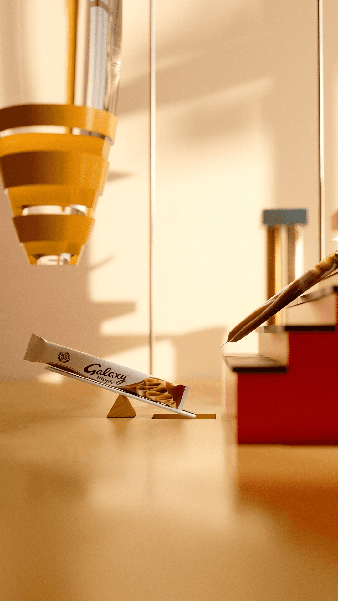 Red woven basket filled with scattered coffee polaroids and blue-toned prints on pavement
