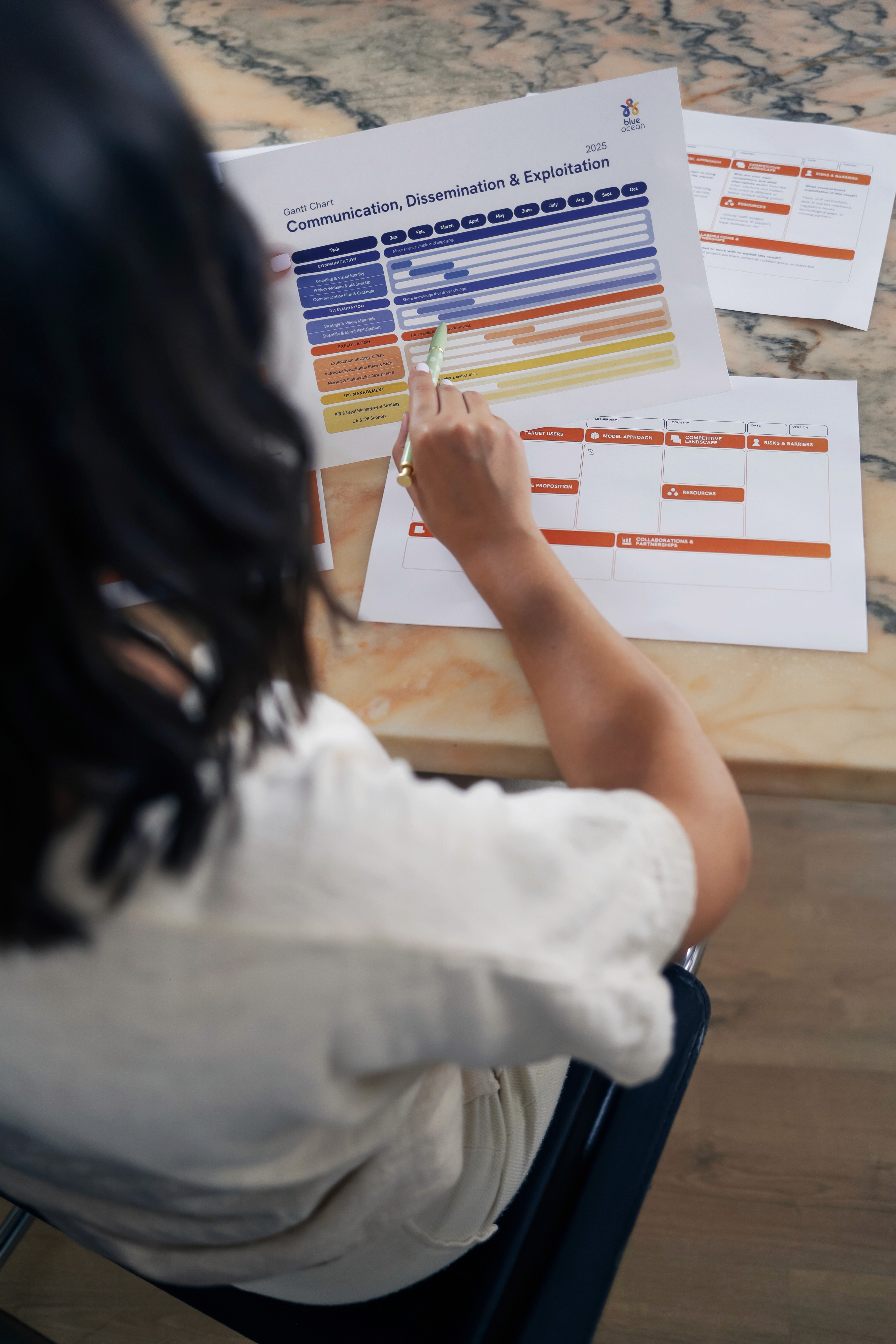 Person reviewing a Gantt chart for Horizon Europe communication and dissemination planning
