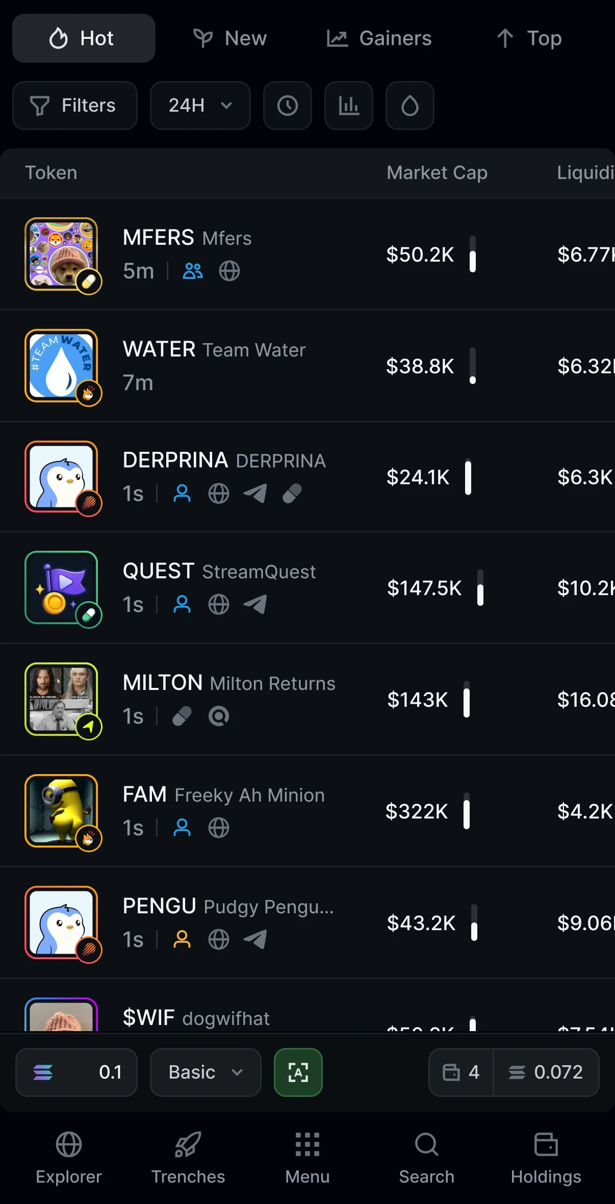 Trojan Terminal OEX Token Explorer Tab Mobile