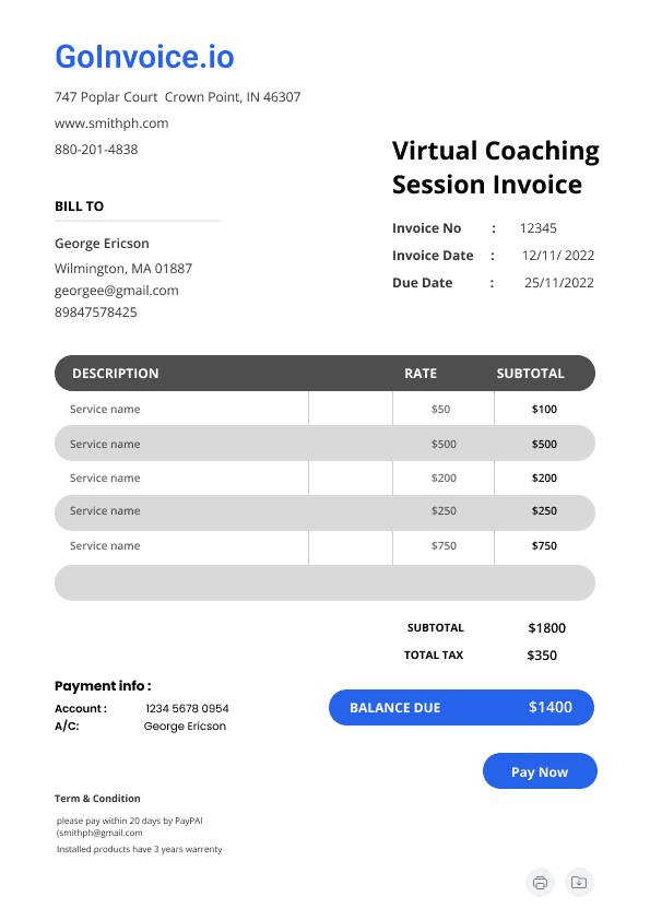 Virtual Coaching Session Invoice