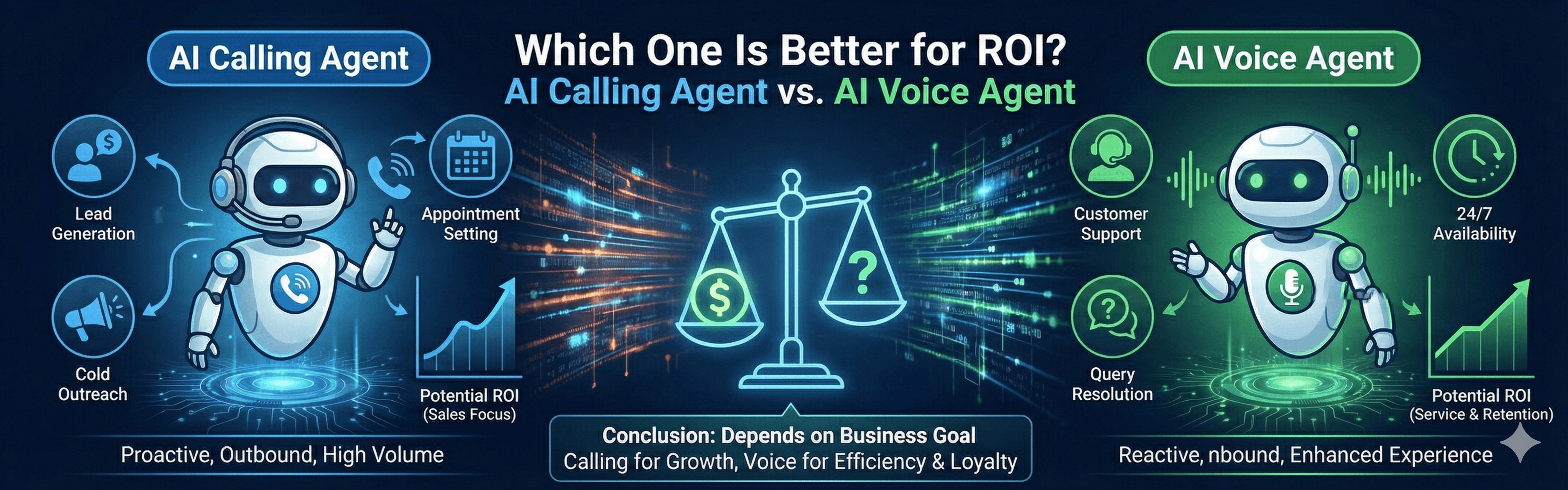 Infographic comparing AI Calling Agent vs AI Voice Agent with differences in ROI, automation, lead generation, customer support, and business use cases.