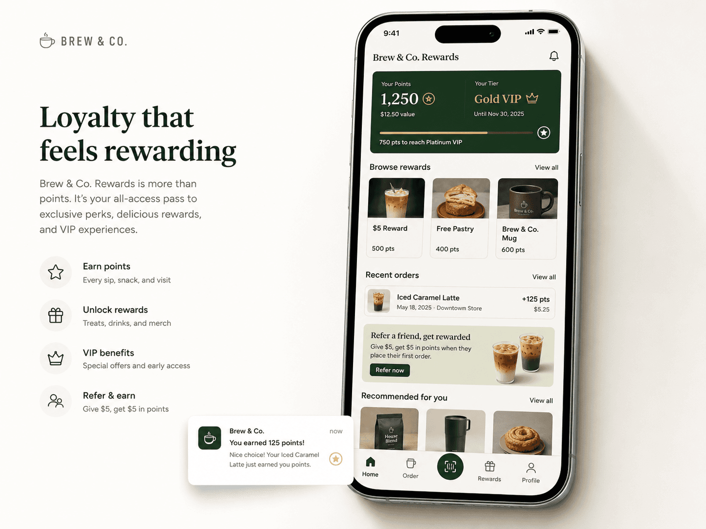Mobile loyalty app mockup for a café brand showing points balance, Gold VIP tier status, reward browsing, recent orders, referral offer, personalized product recommendations, and a push notification preview.