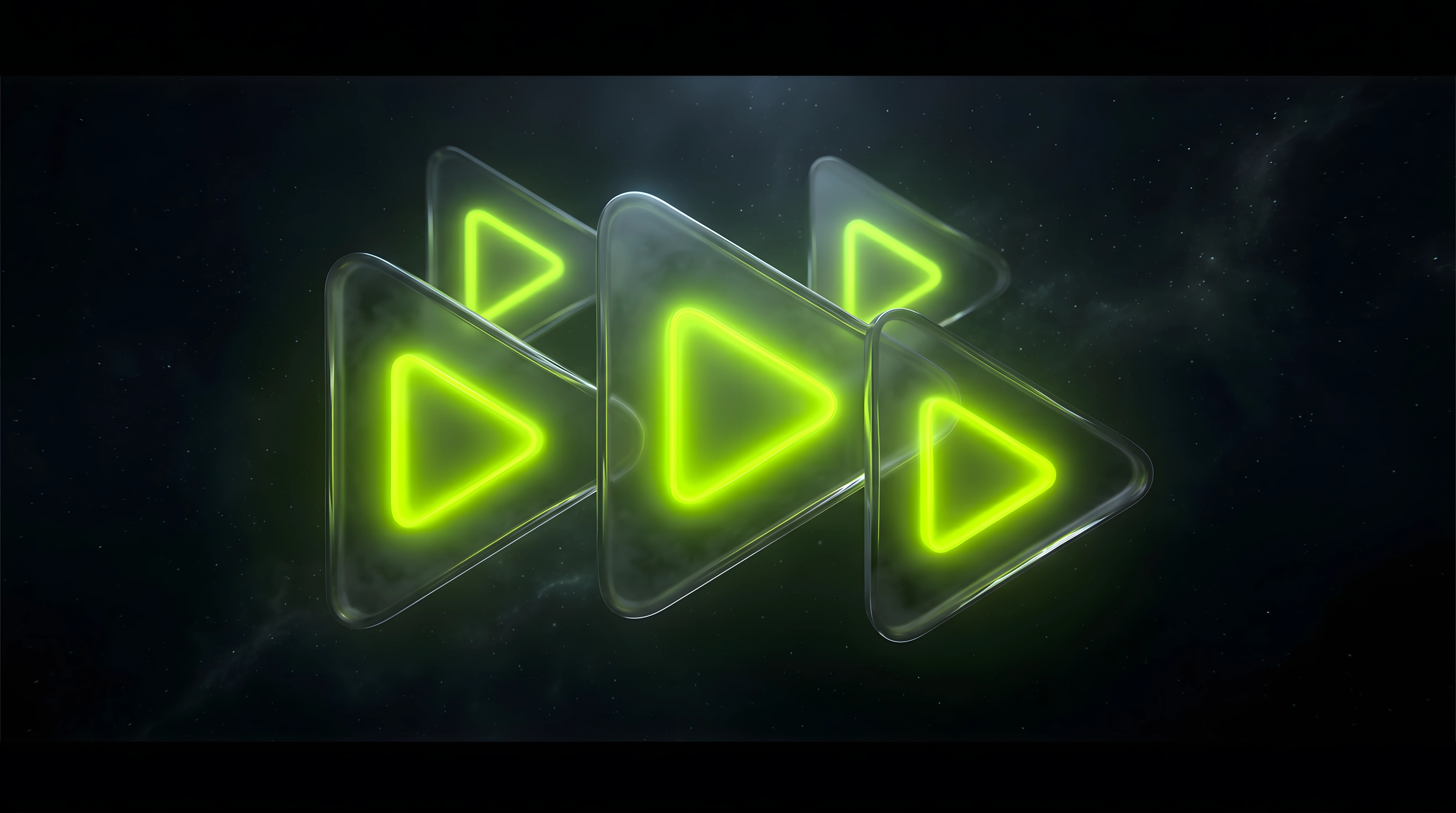 Music producer portfolio audio players — five overlapping play button glyphs floating in deep void space, each one glowing toxic lime, bioluminescent noir aesthetic