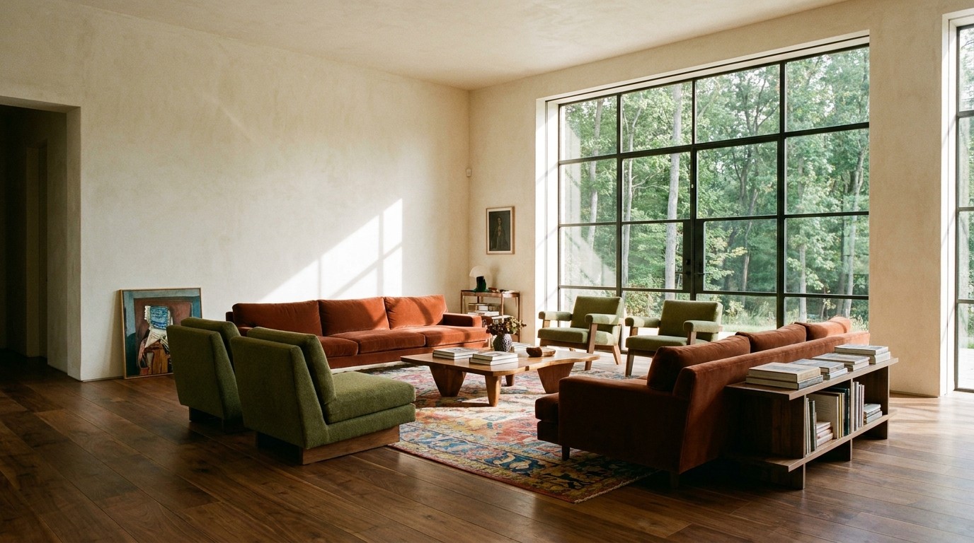 The living room of Casa Mirante, featuring a large window overlooking a dense forest, modernist terracotta furniture, and rich walnut wood floors.