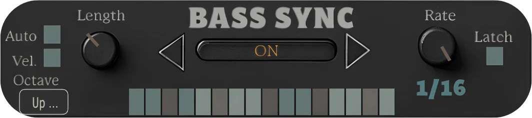 The Bass Sync row on the plug-in, switched on at a Rate of one sixteenth: Auto, Vel. and the Octave menu on the left, the Length knob, a patterned step grid, the Rate knob and Latch.
