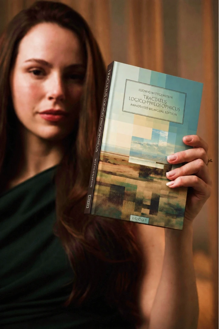 A woman with long hair and a black blazer holds a copy of Boethius's "The Consolation of Philosophy" next to her face, published by Logos.