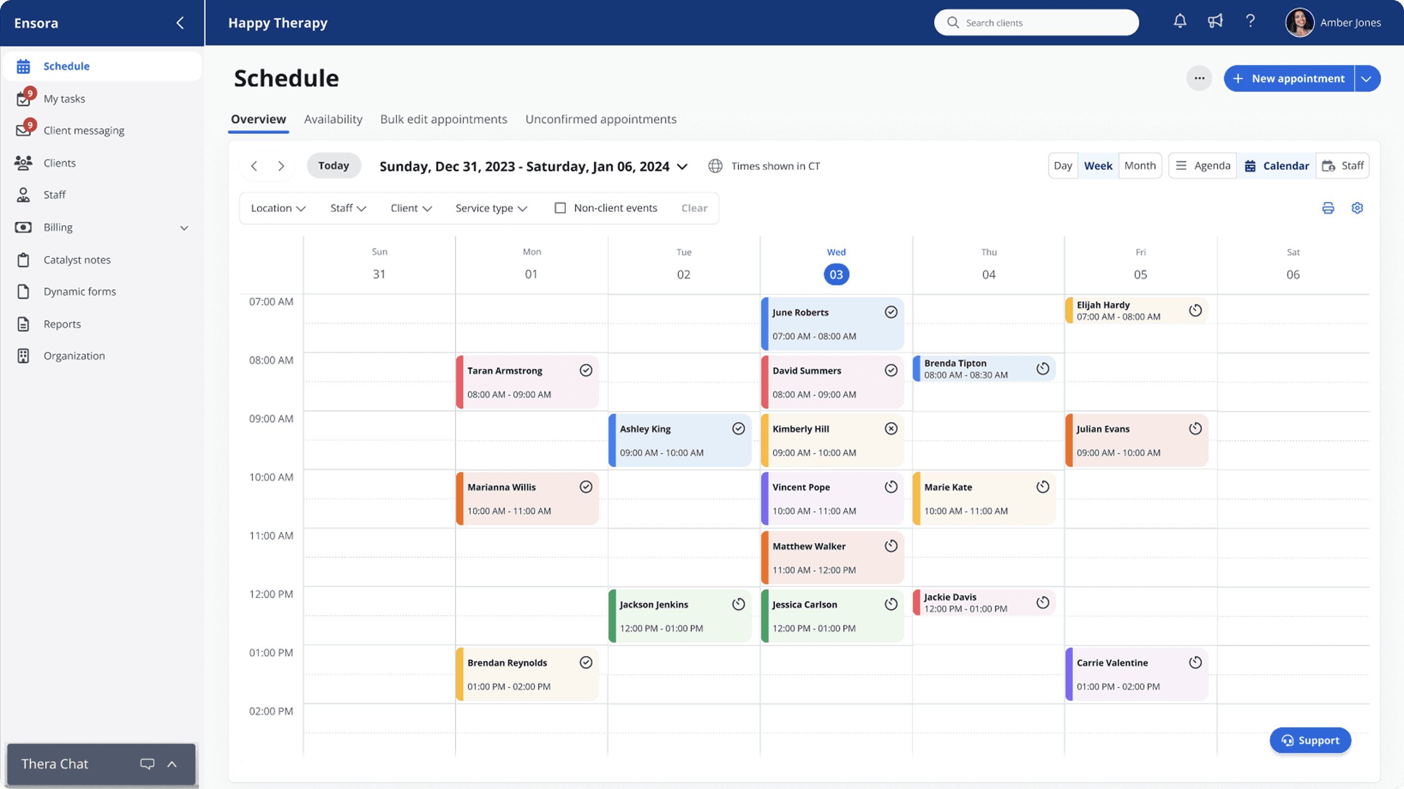 Color-coded weekly calendar view with structured appointment blocks organized by day and time, highlighting improved visual clarity and spacing in the scheduling system.