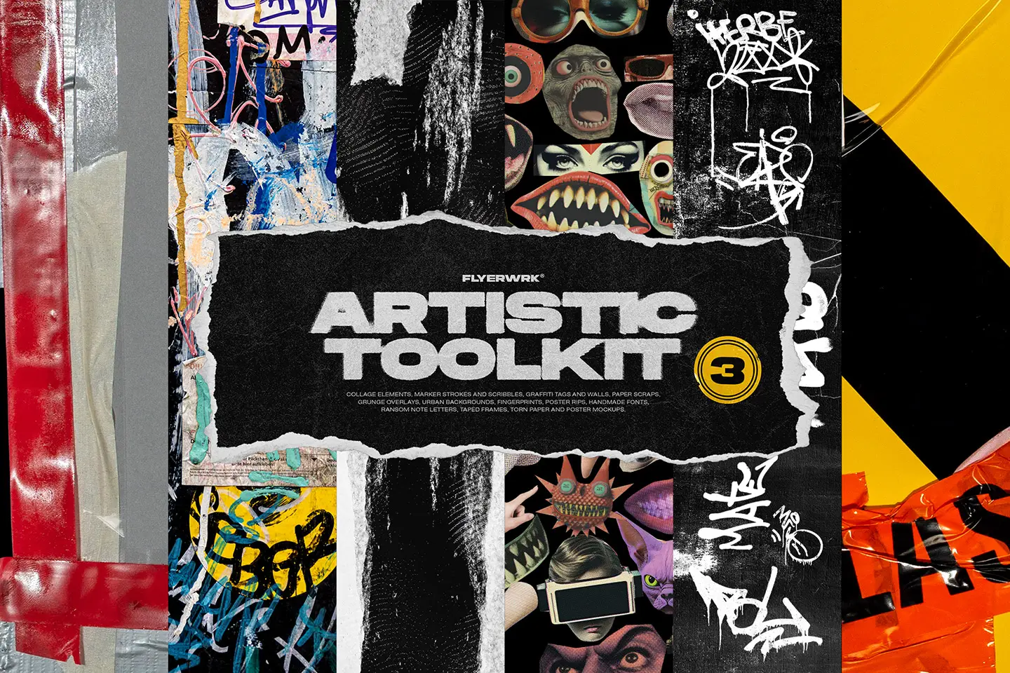 Artistic Toolkit 3 anti-design collage graphics toolkit with grunge textures and graffiti elements
