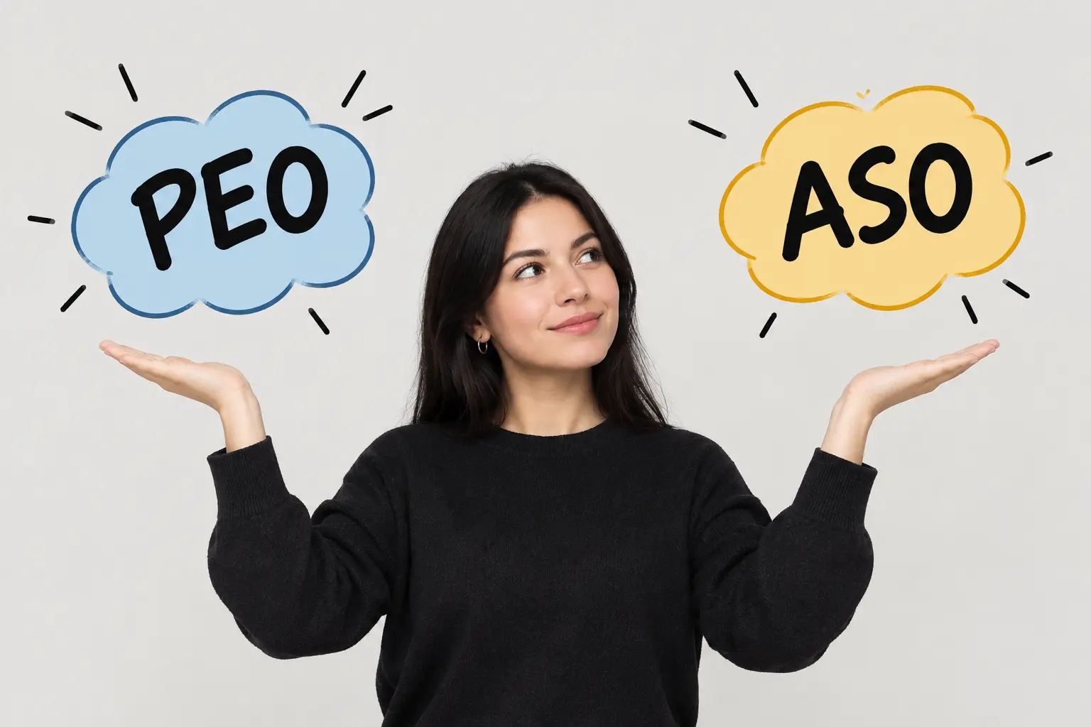 PEO vs ASO comparison showing a woman weighing human resources outsourcing options.