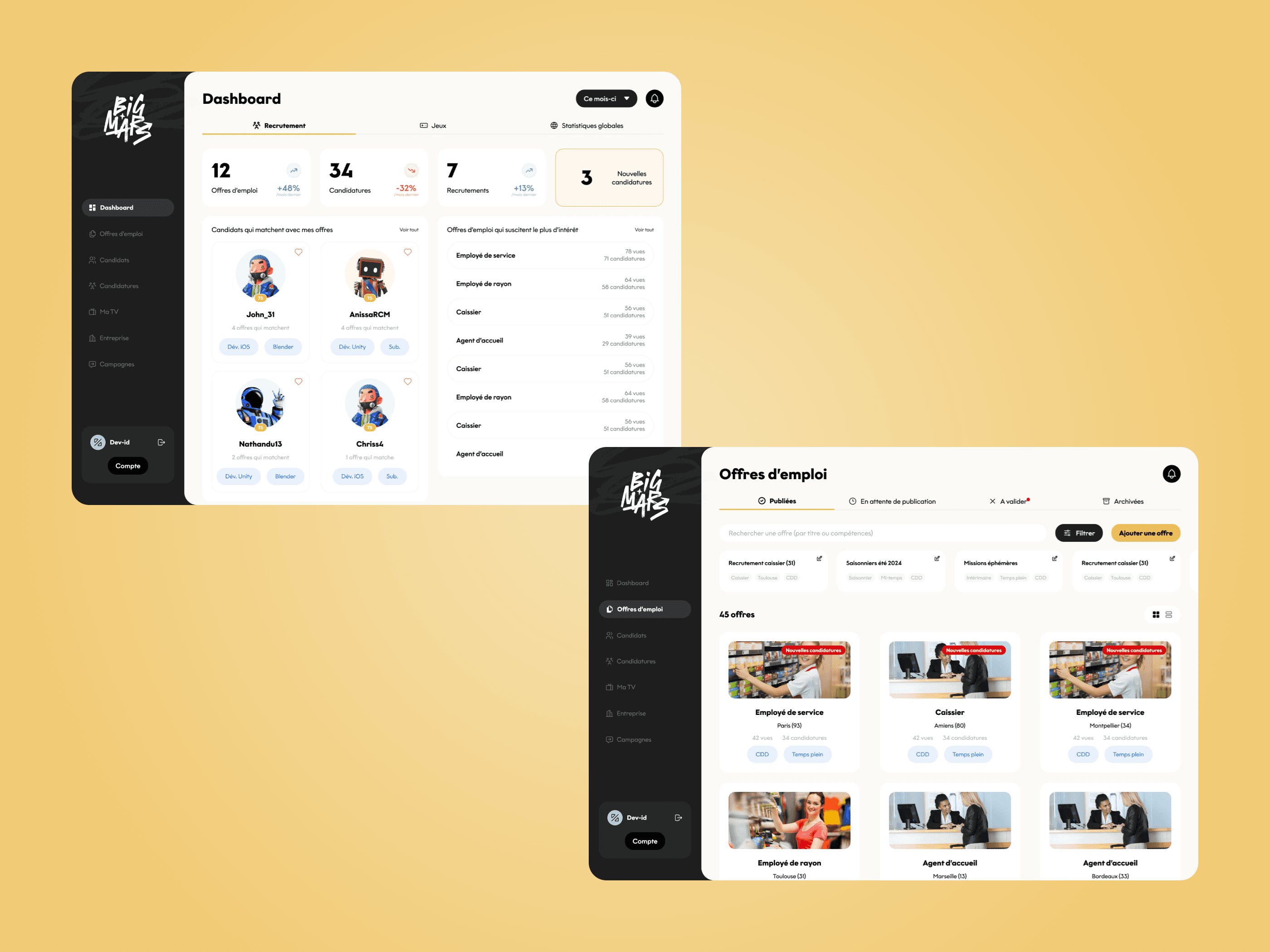 Deux écrans d’un tableau de bord de la plateforme Big Mars avec les statistiques sur les offres d’emploi, les candidatures, et les recrutements.