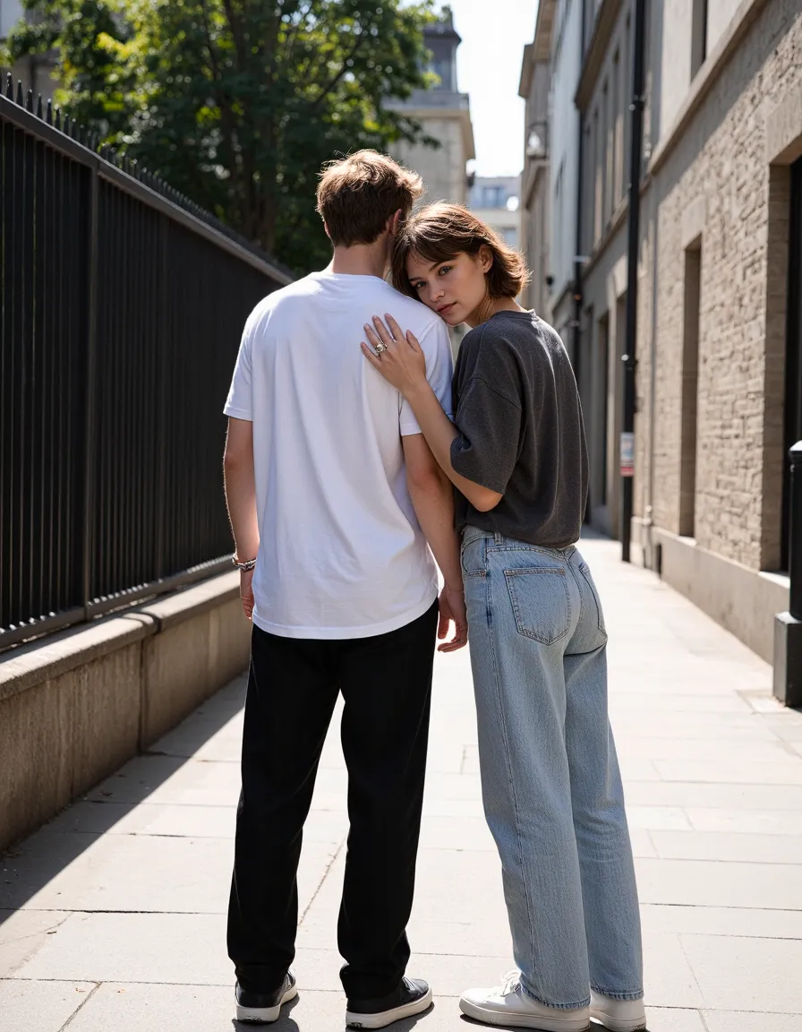 Couple standing close on sunny city street, woman looking at camera while embracing man from behind
