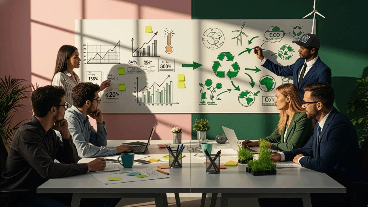 Dans une salle de réunion aux murs vert et rose, six professionnels sont assis autour d’une table équipée d’ordinateurs portables et de notes autocollantes. Deux personnes présentent un tableau blanc divisé en deux parties. À gauche, des graphiques de performance et des courbes de croissance. À droite, des schémas représentant le recyclage, les énergies renouvelables et des symboles écologiques. Cette scène accompagne la réflexion “Quand l’éco-anxiété stimule l’innovation en entreprise”, en montrant comment les préoccupations environnementales peuvent nourrir la stratégie, la créativité et la transformation organisationnelle.