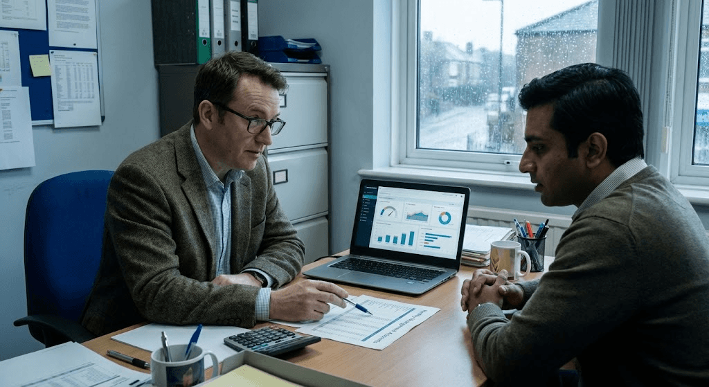 Four workers in black coveralls walk through an industrial facility.