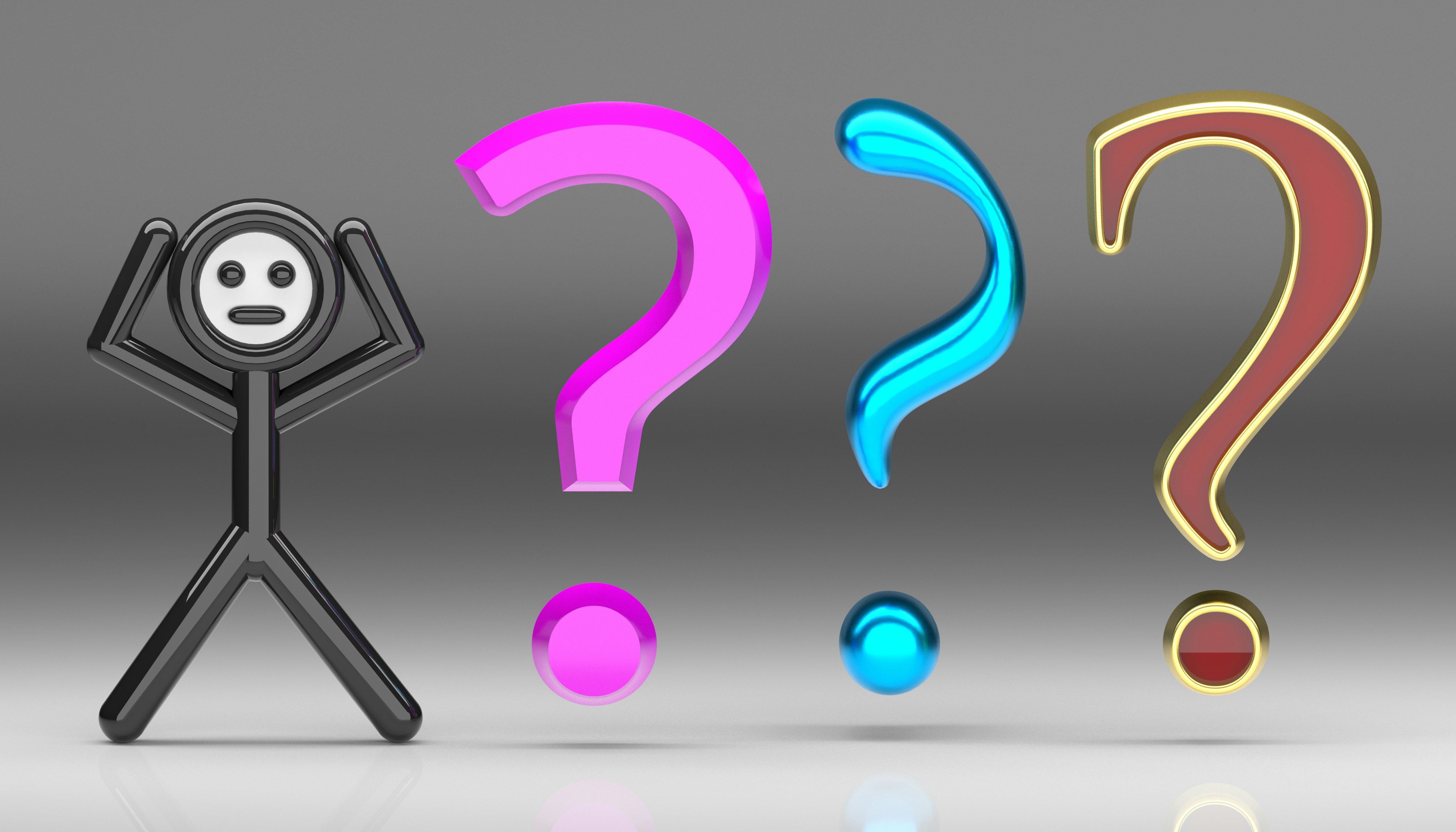 Illustration of a person surrounded by question marks representing common interview questions
