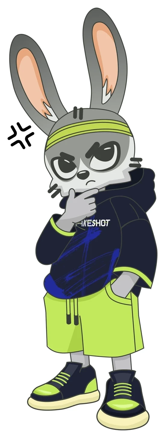 Mascot pose: hand on chin, fired up