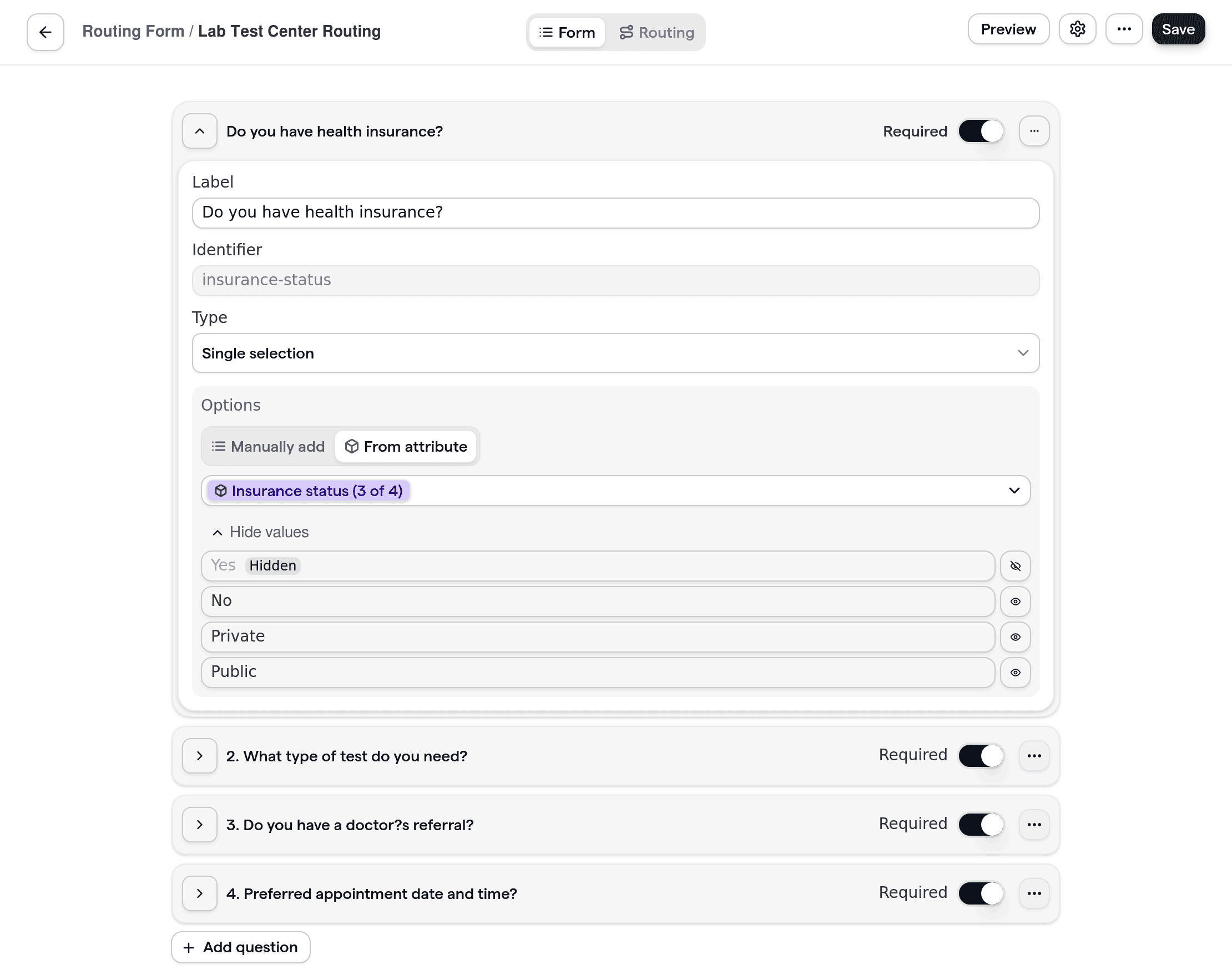 Cal.com routing form for lab and test centers showing custom questions for test type, insurance, and preferred appointment time.