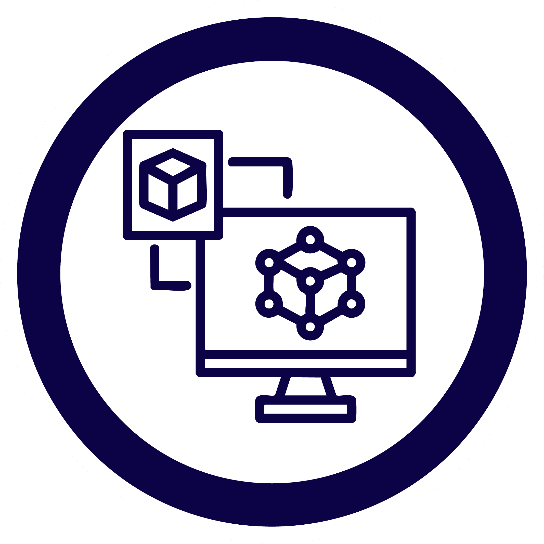circle icon of a computer screen displaying boxes in a blue circle