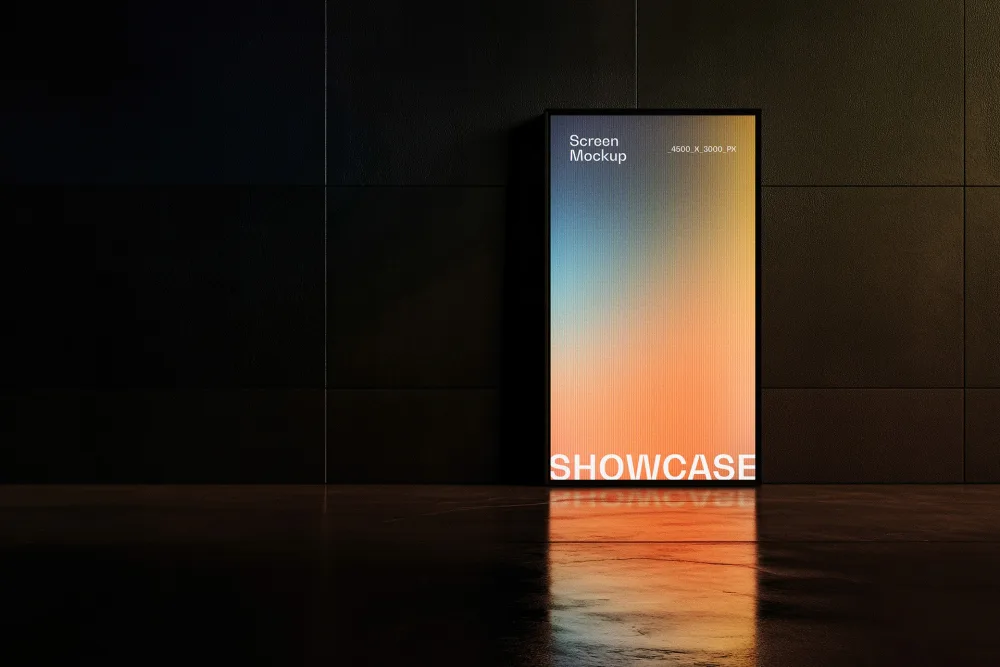 Digital screen mockup displayed in a sleek black frame against a dark modern tiled wall. The vibrant gradient display reflects softly on the glossy black floor, creating a sophisticated look.