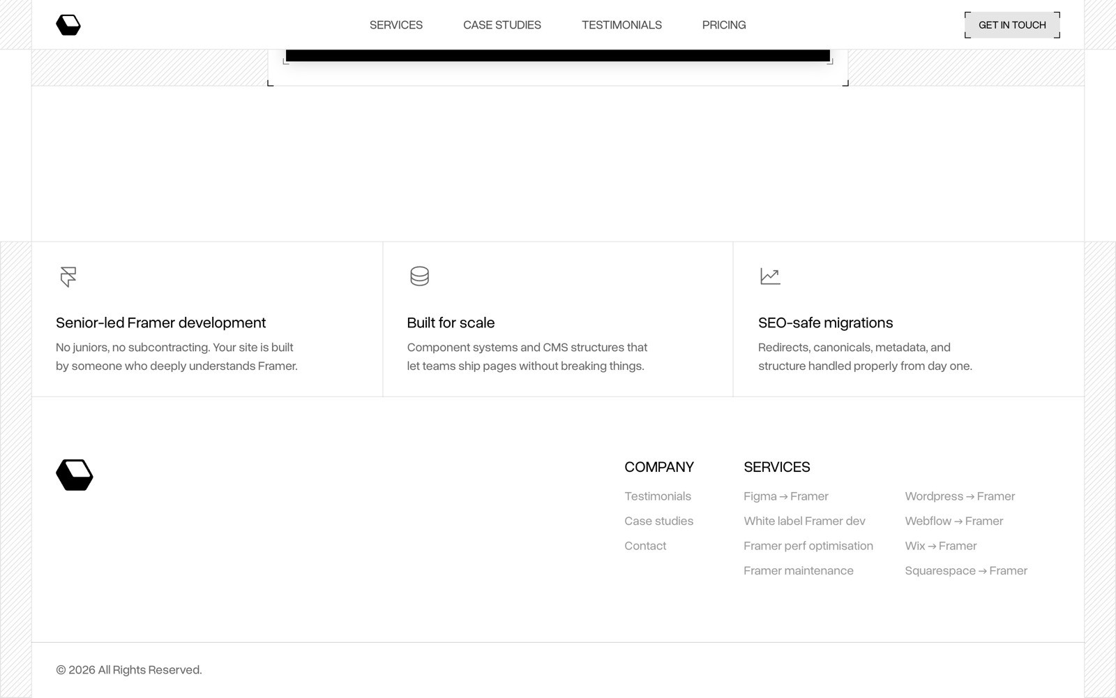 White footer with menu sections: "Senior-led Framer development," "Built for scale," "SEO-safe migrations." Bottom: "COMPANY" and "SERVICES" links.
