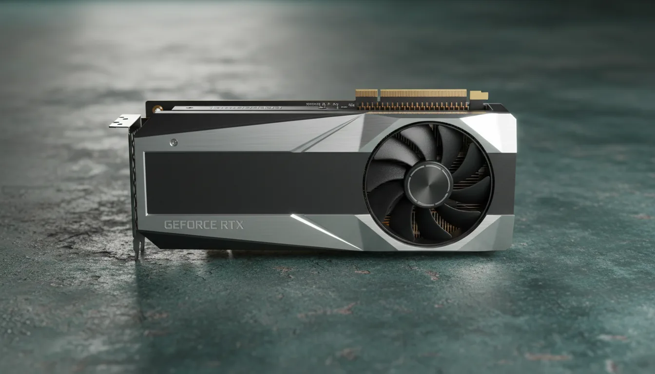 DSLR product photography of an NVIDIA RTX 40-series Founders Edition graphics card, captured in a clean side-profile view. The GPU rests on a mottled, dark teal-green textured surface. The scene is illuminated by soft studio lighting, highlighting the contrast between the matte black shroud and the sleek silver metallic frame. The single black cooling fan on the right and the gold PCIe connector at the top are in sharp focus.