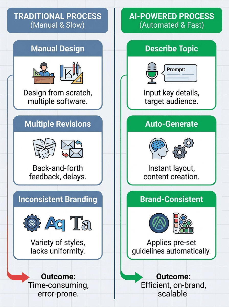 Comparison infographic showing traditional sales sheet creation versus AI-powered creation with Decktopus AI