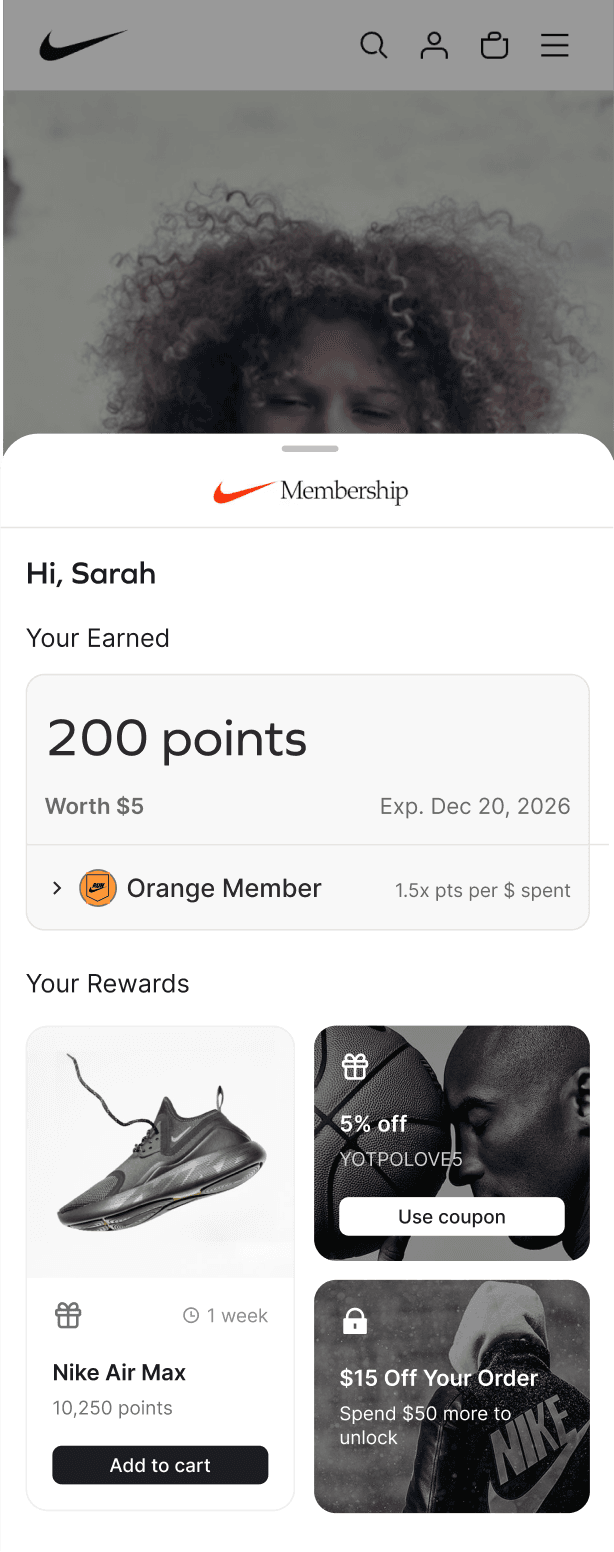 mobile UI showing the loyalty widget with Nike branding applied