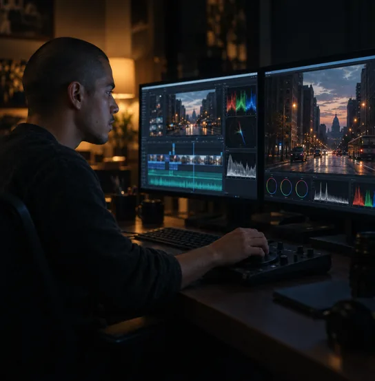 Editor trabajando en una sala de posproducción con dos monitores