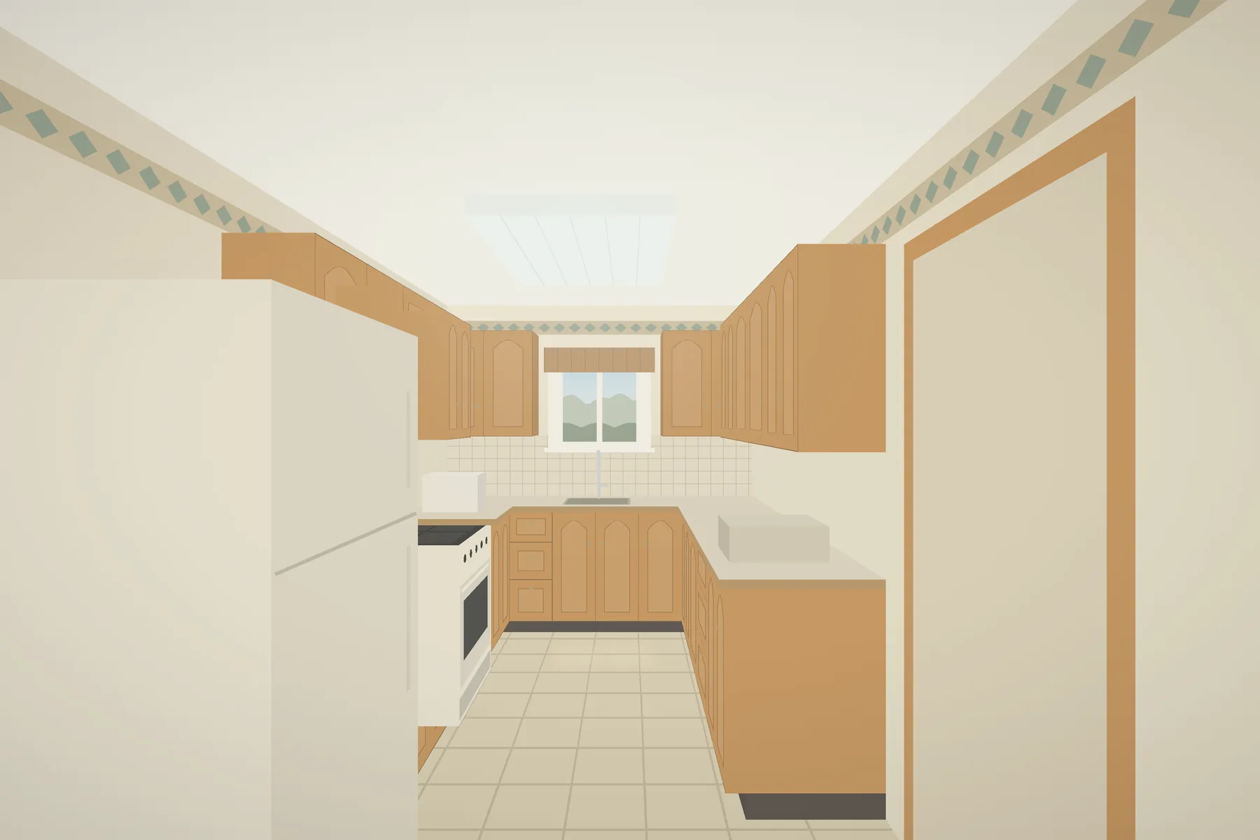 Narrow galley kitchen with dated cabinets before the remodel