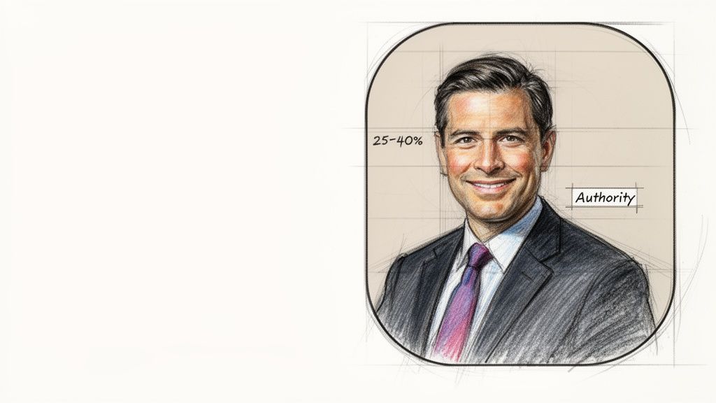 A smiling man in a business suit, drawn in a professional sketch style with authority notes.