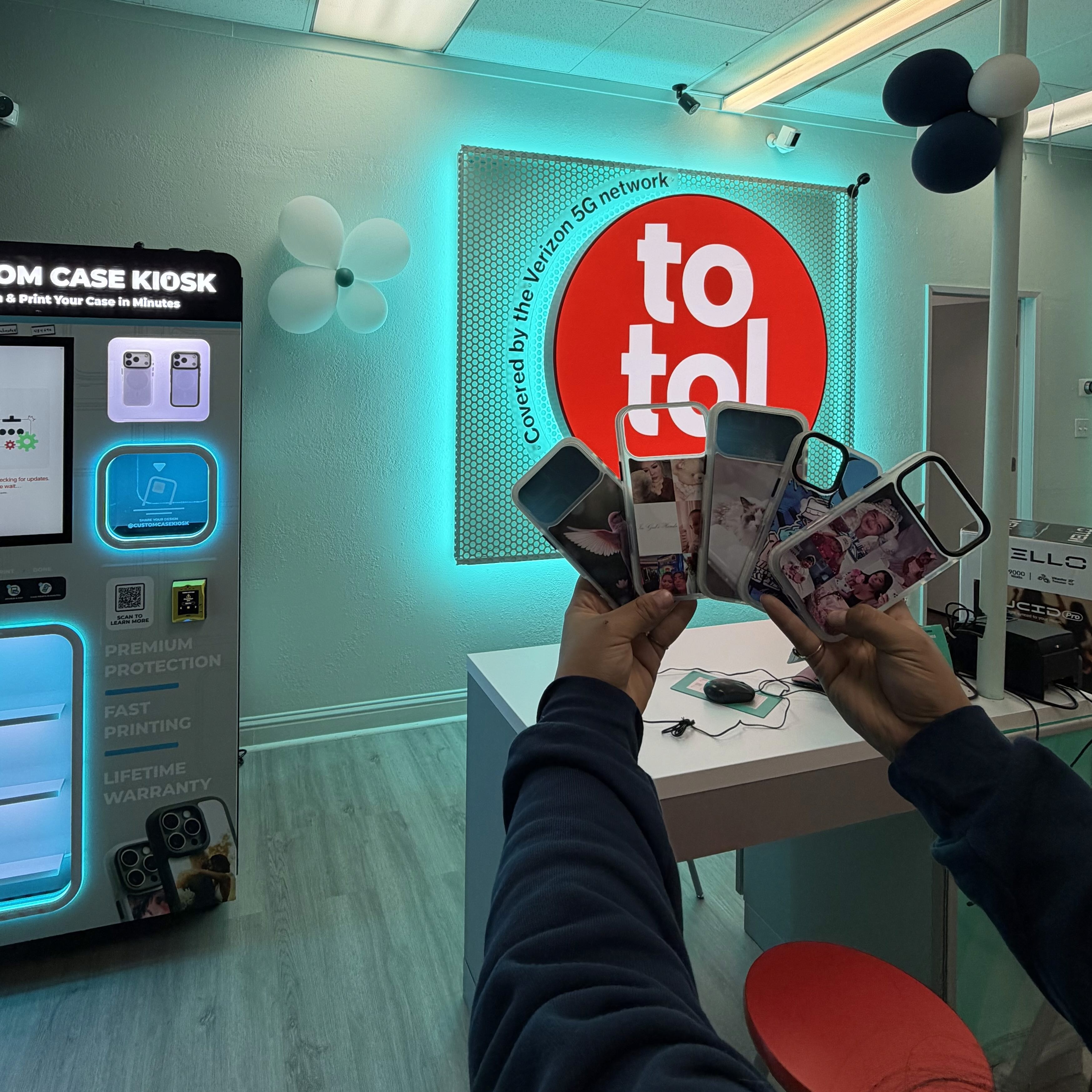 Custom Case Kiosk in Bakersfield, California with printed custom phone cases displayed, offering on-demand phone case printing in minutes.