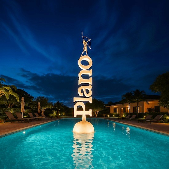 Photo of Plano art sculpture emerging from center of beautifully clean pool