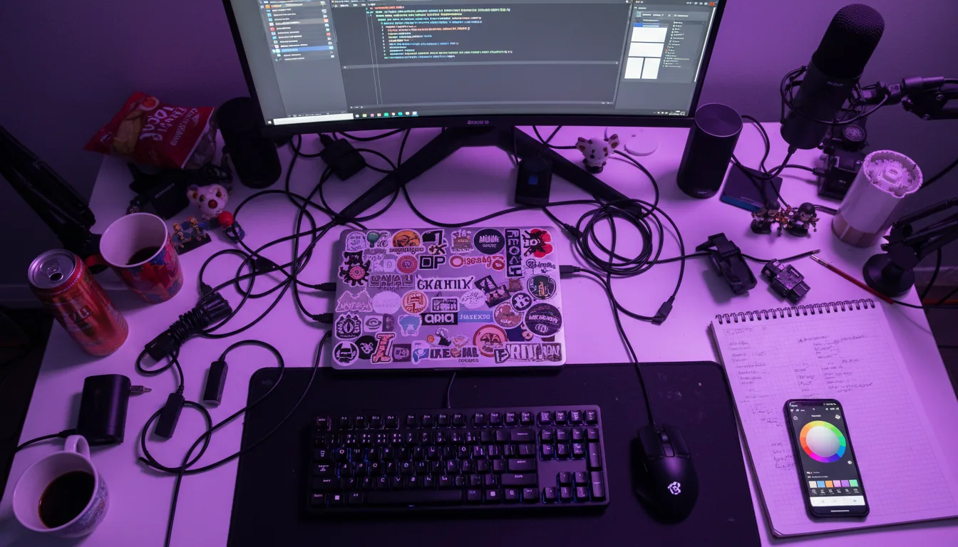 DSLR photograph, high-angle top-down view of a cluttered indie game developer's desk, illuminated by a moody ambient purple LED glow. On the white desk sits a closed silver laptop covered in a dense collage of tech stickers, connected by a tangle of black cables to a large external monitor displaying a code editor with syntax highlighting and a mobile app wireframe. In the foreground is a black mechanical keyboard, a gaming mouse on a large dark mousepad, an open notebook with handwritten notes, and a smartphone displaying a color wheel. The composition is candid and filled with peripherals, including a portable speaker and a microphone.