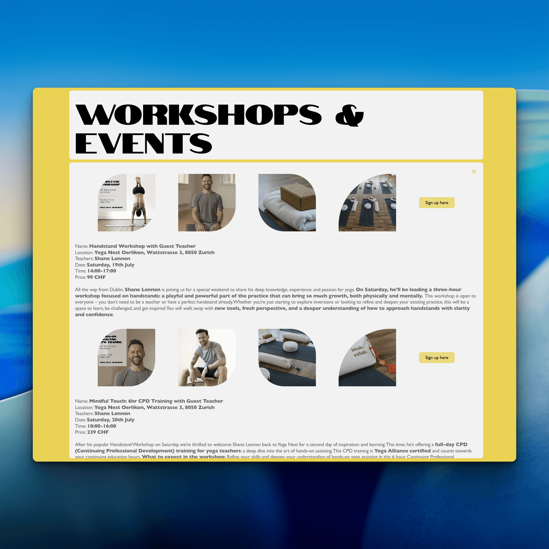 Scrrenshot of Workshop and events page top