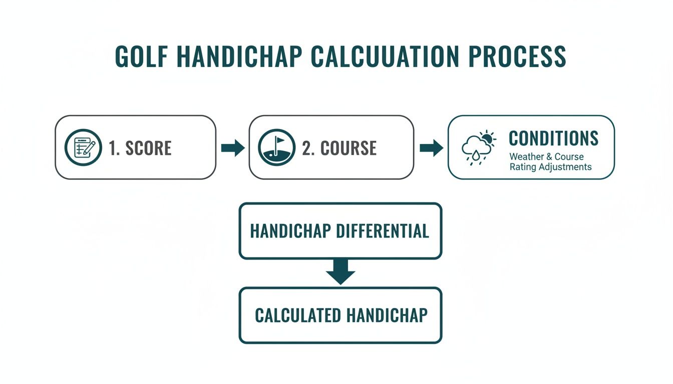 Flowchart illustrating the golf handicap calculation process, from score, course, and conditions to the calculated handicap.