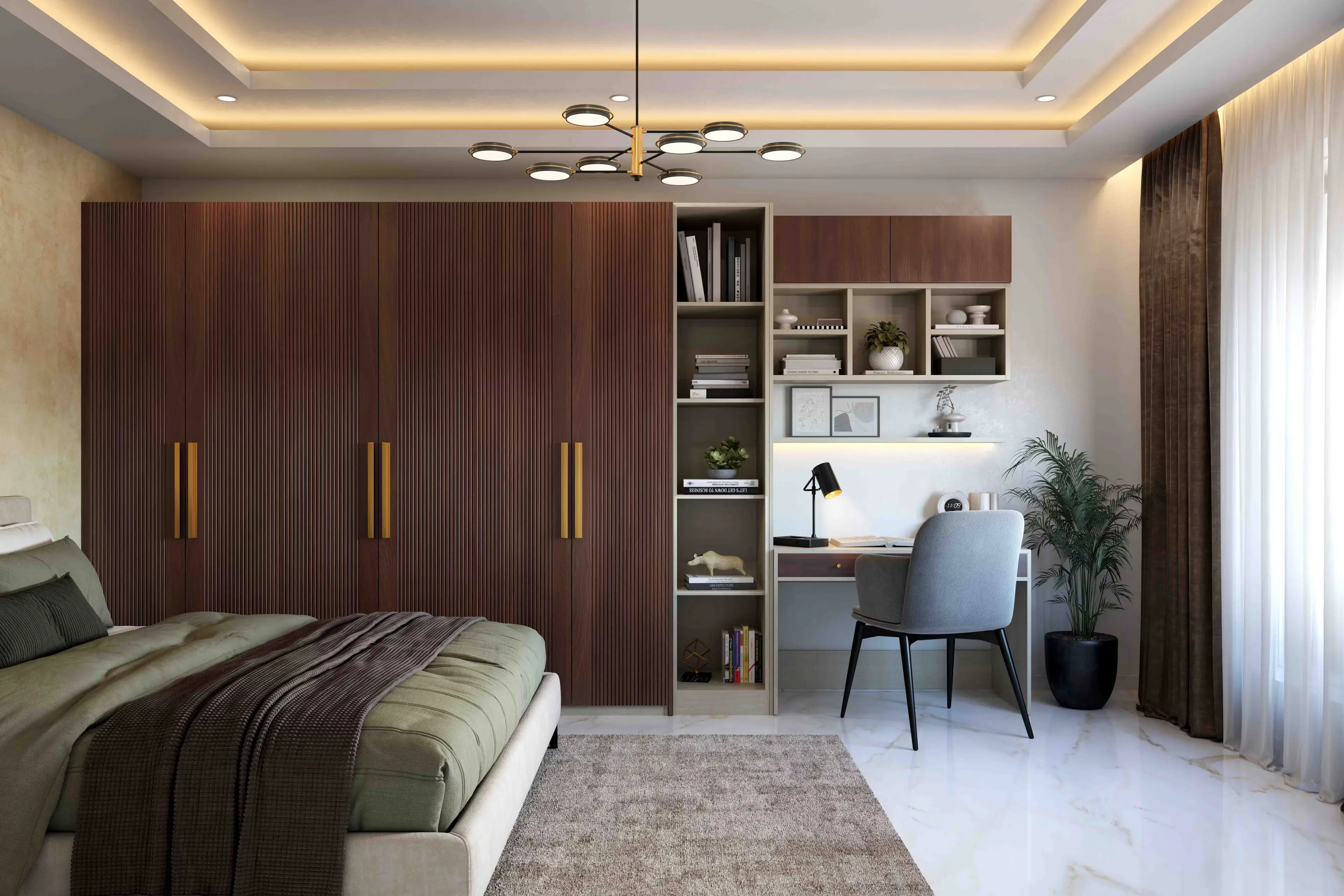 A modern walk-in closet featuring wooden shelving, glass doors, a mirror, and a cushioned ottoman.
