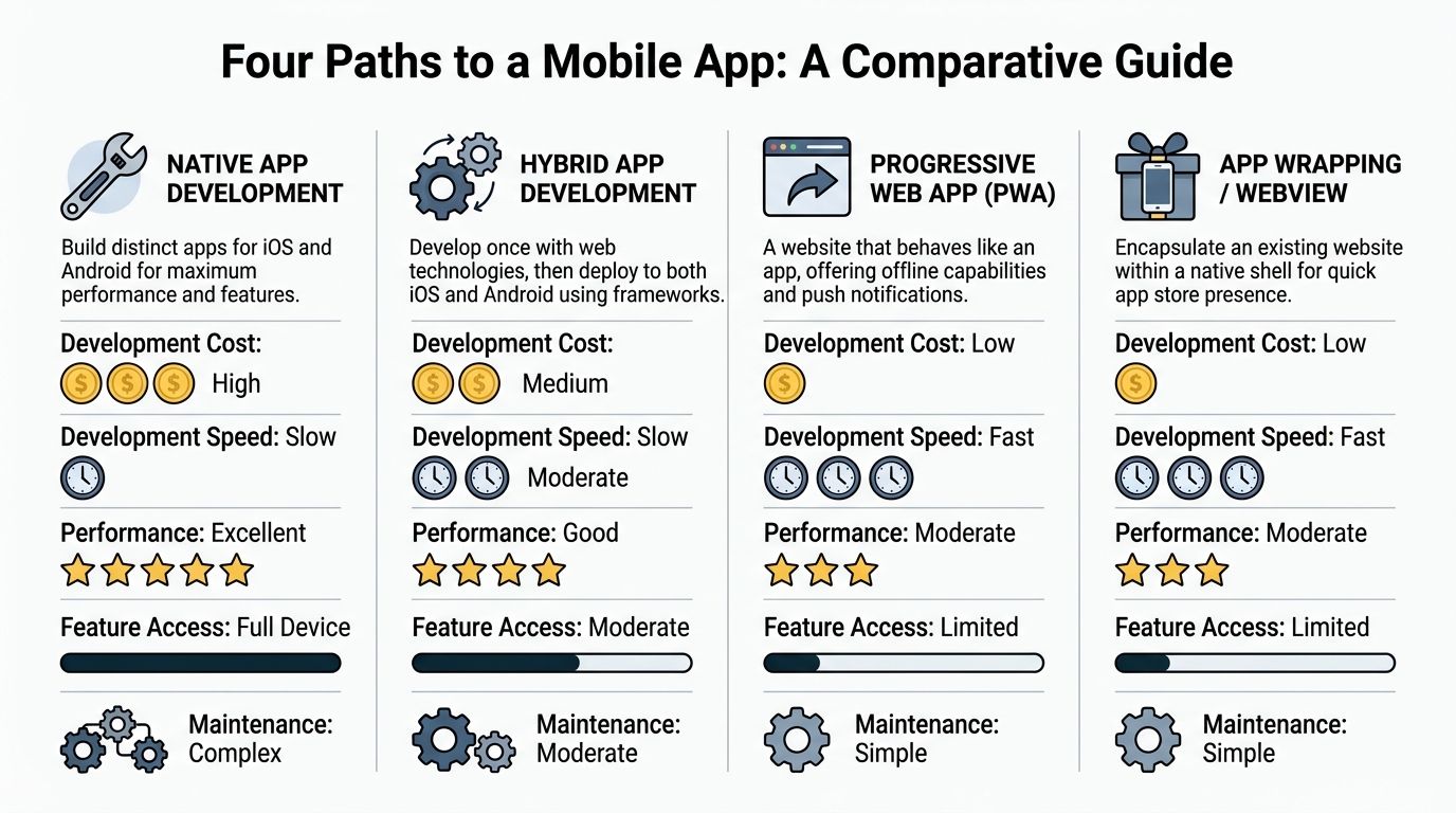 A comparative guide infographic detailing four different methods for developing mobile applications with their respective costs and performance.