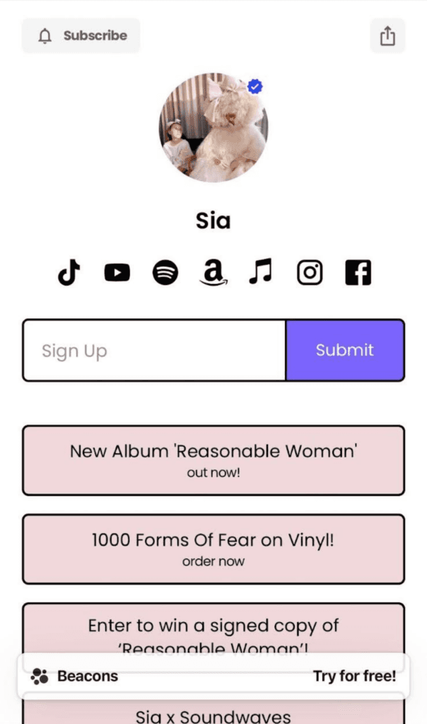 @Sia's Beacons link in bio landing page showcasing their different links.